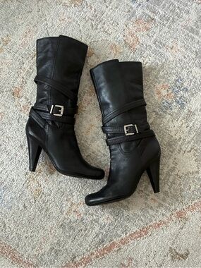 BCBGirls Black Mid-Calf Buckle Strap Heeled Leather Boots Size 10 - 90’s Biker